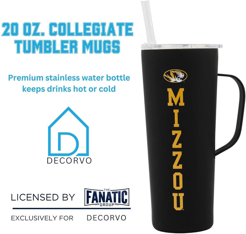 Decorvo NCAA 20 oz. Stainless Steel Tumbler with Handle - Officially Licensed Double Walled Insulated Roadie with Slide Lid and Straw (Missouri - Black) - Image 2